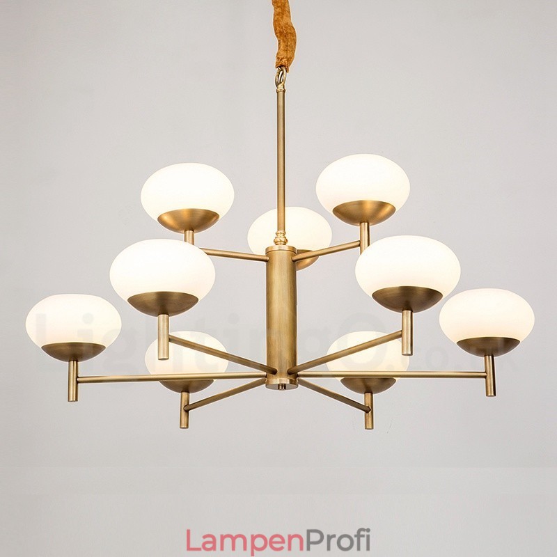 9-flammige Retro-Pendelleuchte aus rustikalem Messing mit Glasschirm
