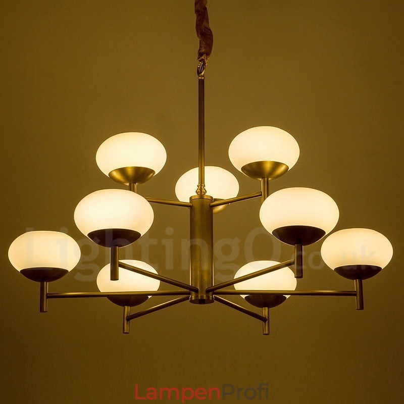 9-flammige Retro-Pendelleuchte aus rustikalem Messing mit Glasschirm