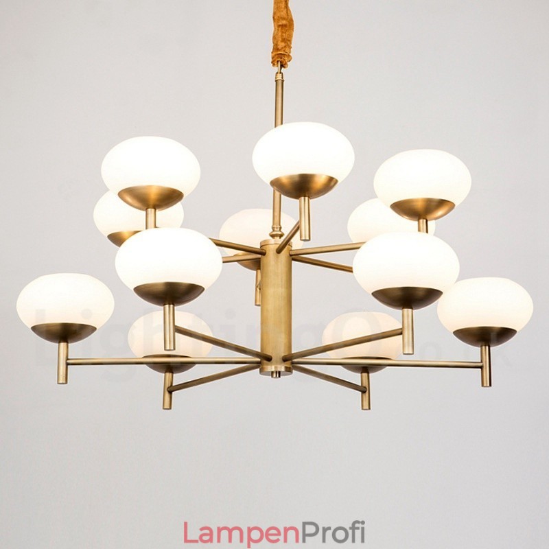 12-flammige Retro-Pendelleuchte aus rustikalem Messing mit Glasschirm