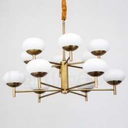 12-flammige Retro-Pendelleuchte aus rustikalem Messing mit Glasschirm