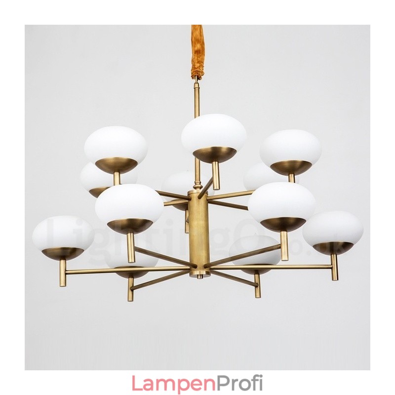 12-flammige Retro-Pendelleuchte aus rustikalem Messing mit Glasschirm