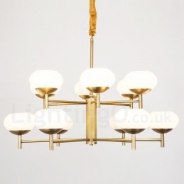 12-flammige Retro-Pendelleuchte aus rustikalem Messing mit Glasschirm