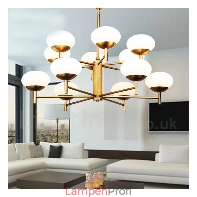 12-flammige Retro-Pendelleuchte aus rustikalem Messing mit Glasschirm