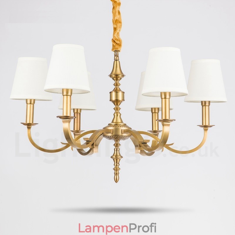 6-flammige Retro-Pendelleuchte aus rustikalem Messing mit Stoffschirm
