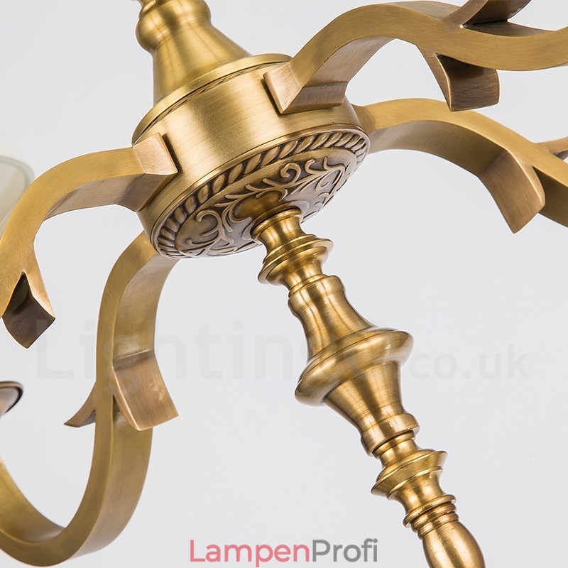 6-flammige Retro-Pendelleuchte aus rustikalem Messing mit Stoffschirm