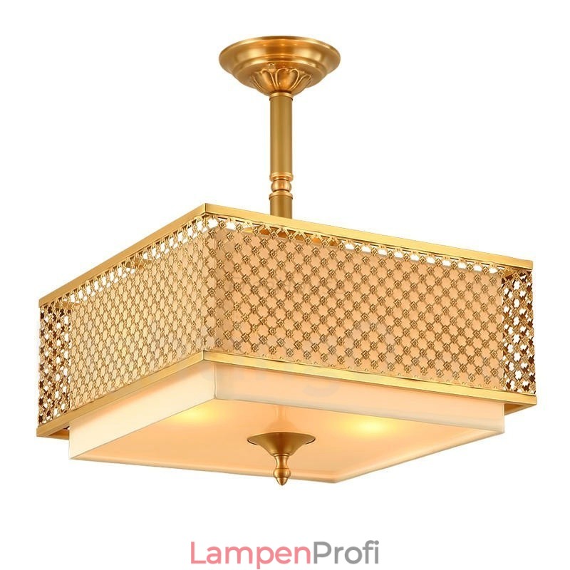 4-flammige Retro-Pendelleuchte aus rustikalem Messing mit Stoffschirm
