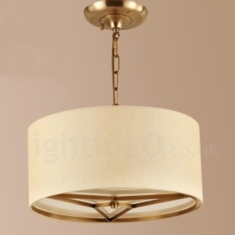 4-flammige Trommel-Pendelleuchte im Retro-Stil, rustikal, luxuriös, Messing, Kronleuchter mit Stoffschirm