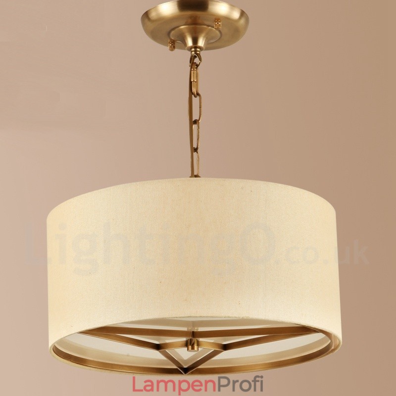 4-flammige Trommel-Pendelleuchte im Retro-Stil, rustikal, luxuriös, Messing, Kronleuchter mit Stoffschirm