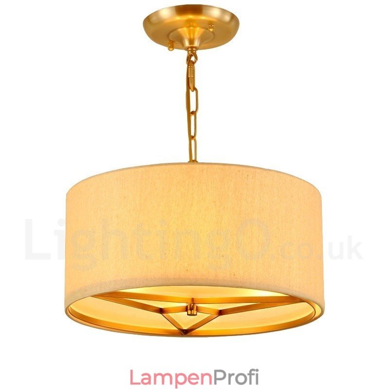 4-flammige Trommel-Pendelleuchte im Retro-Stil, rustikal, luxuriös, Messing, Kronleuchter mit Stoffschirm
