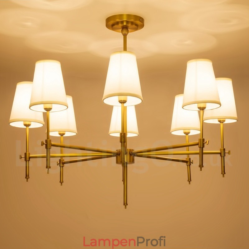 8-flammige Retro-Pendelleuchte aus rustikalem Messing mit Stoffschirm