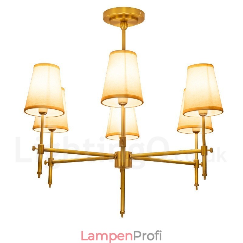 6-flammige Retro-Pendelleuchte aus rustikalem Messing mit Stoffschirm