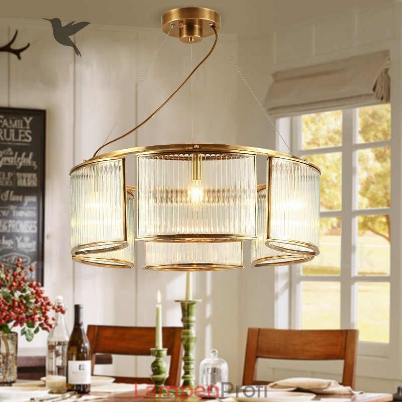 6-flammige Retro-Pendelleuchte aus rustikalem Messing mit Glasschirm