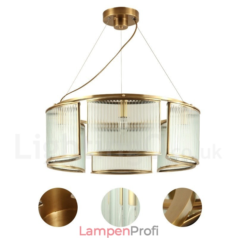 6-flammige Retro-Pendelleuchte aus rustikalem Messing mit Glasschirm