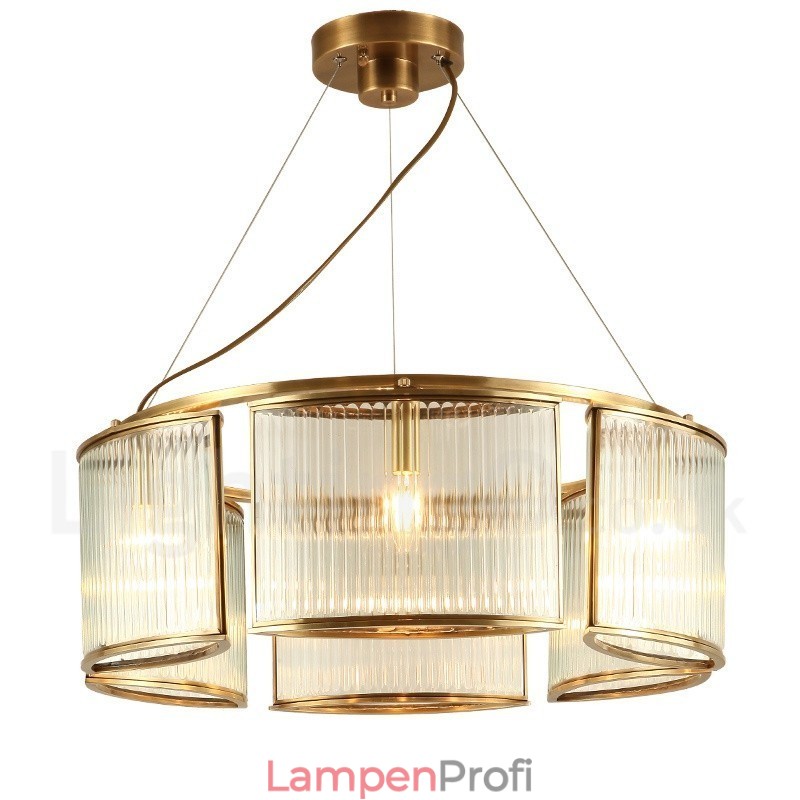 6-flammige Retro-Pendelleuchte aus rustikalem Messing mit Glasschirm