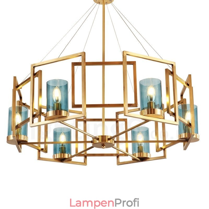 6-flammige Retro-Pendelleuchte aus rustikalem Messing mit Glasschirm