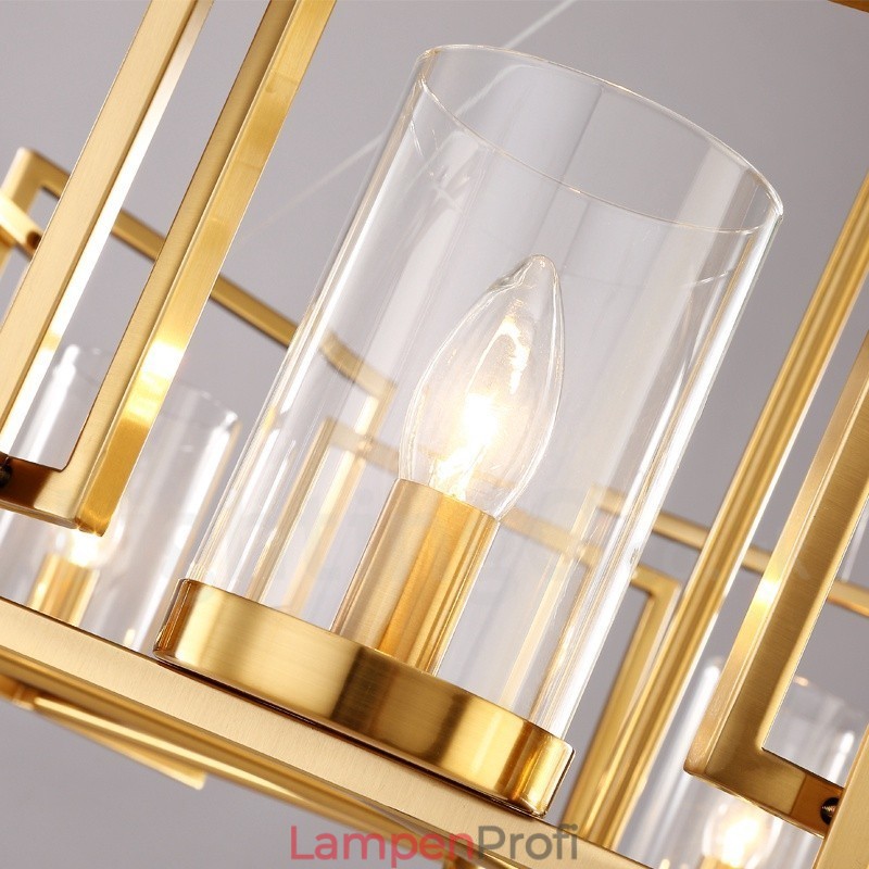 6-flammige Retro-Pendelleuchte aus rustikalem Messing mit Glasschirm