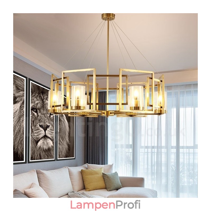 6-flammige Retro-Pendelleuchte aus rustikalem Messing mit Glasschirm