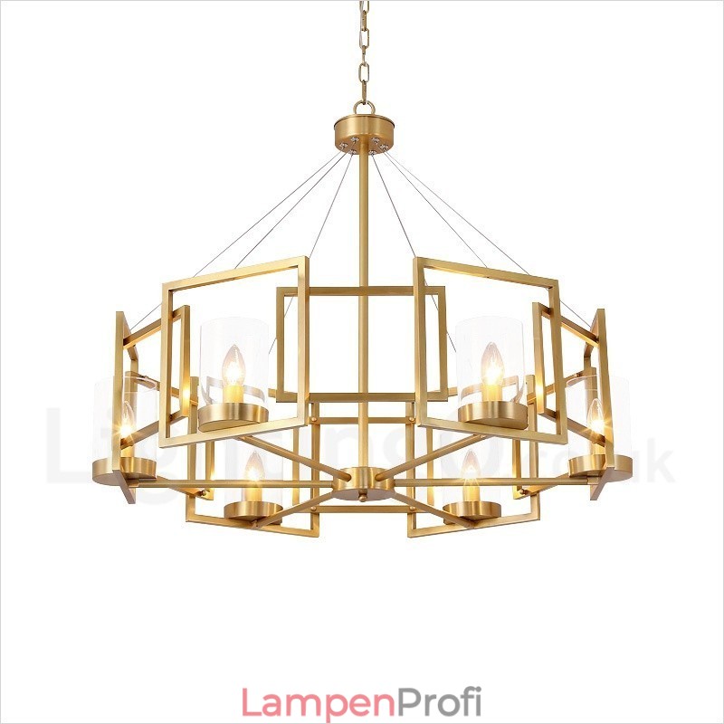 6-flammige Retro-Pendelleuchte aus rustikalem Messing mit Glasschirm