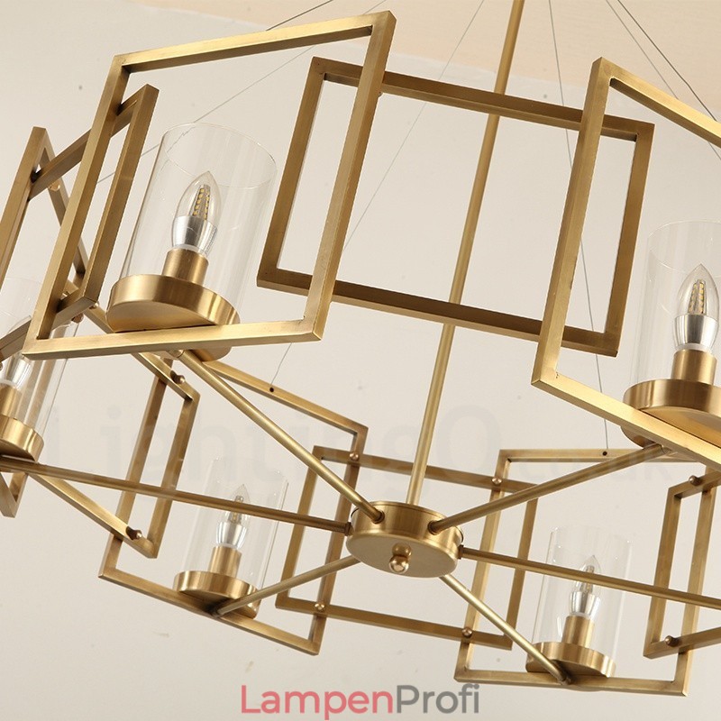 6-flammige Retro-Pendelleuchte aus rustikalem Messing mit Glasschirm