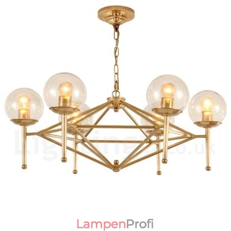 6-flammige Retro-Pendelleuchte aus rustikalem Messing mit Glasschirm 6-flammige Retro-Pendelleuchte aus rustikalem Messing mit Glasschirm