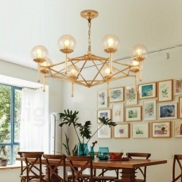 6-flammige Retro-Pendelleuchte aus rustikalem Messing mit Glasschirm