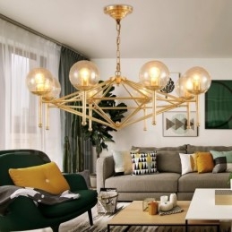 6-flammige Retro-Pendelleuchte aus rustikalem Messing mit Glasschirm