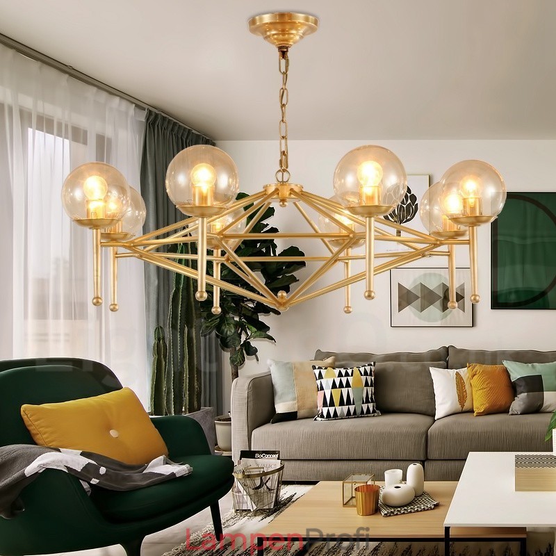 6-flammige Retro-Pendelleuchte aus rustikalem Messing mit Glasschirm