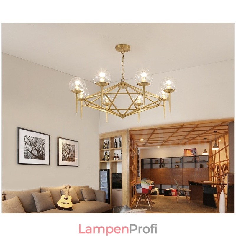 6-flammige Retro-Pendelleuchte aus rustikalem Messing mit Glasschirm