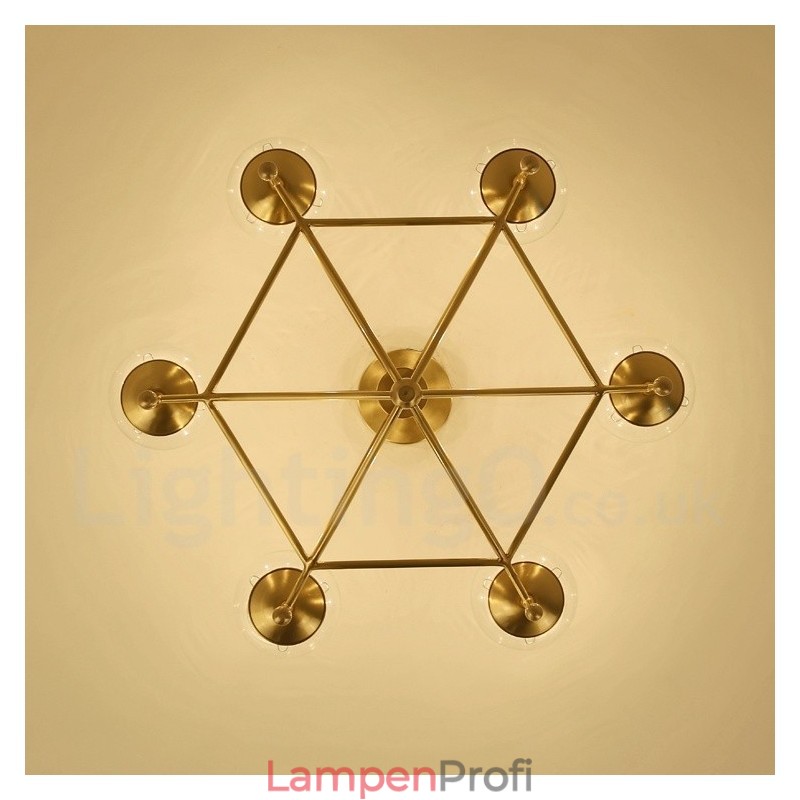 6-flammige Retro-Pendelleuchte aus rustikalem Messing mit Glasschirm