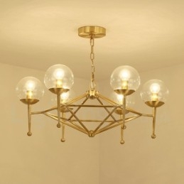 6-flammige Retro-Pendelleuchte aus rustikalem Messing mit Glasschirm