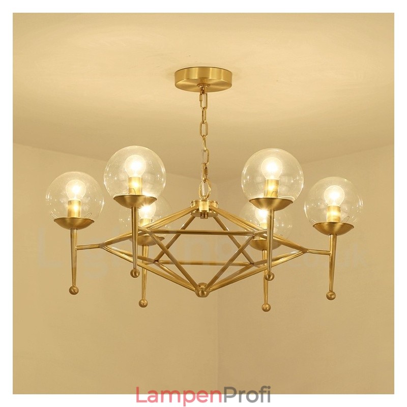6-flammige Retro-Pendelleuchte aus rustikalem Messing mit Glasschirm