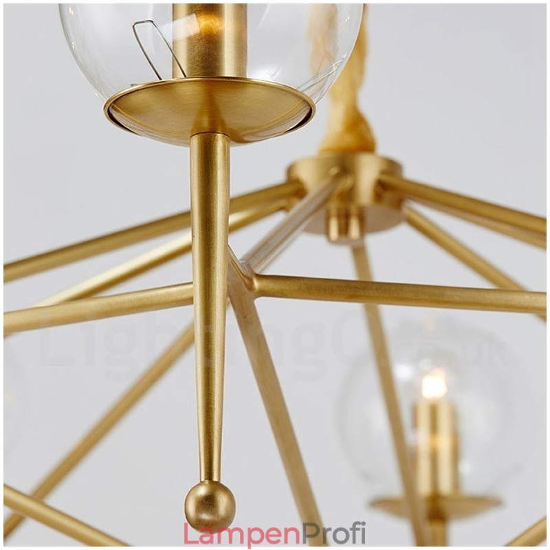 6-flammige Retro-Pendelleuchte aus rustikalem Messing mit Glasschirm