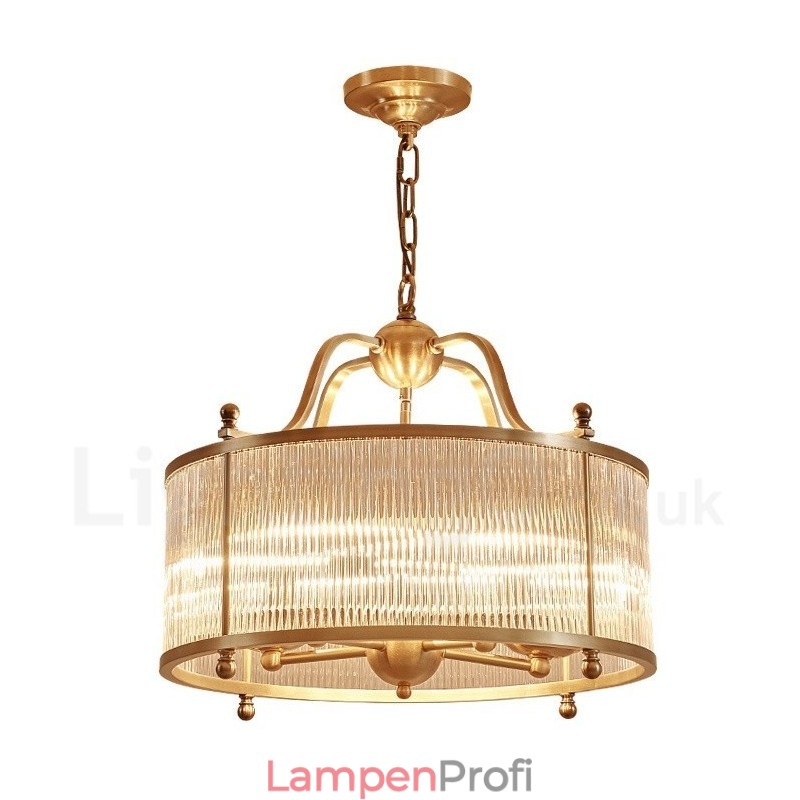 5-flammige Retro-Pendelleuchte aus rustikalem Messing mit Glasschirm