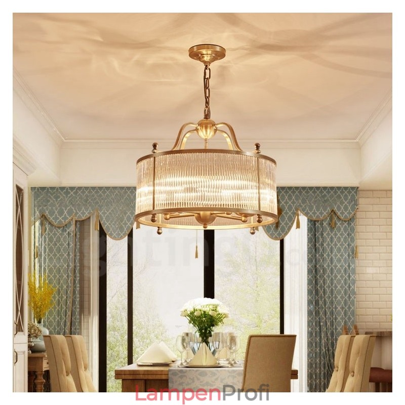 5-flammige Retro-Pendelleuchte aus rustikalem Messing mit Glasschirm