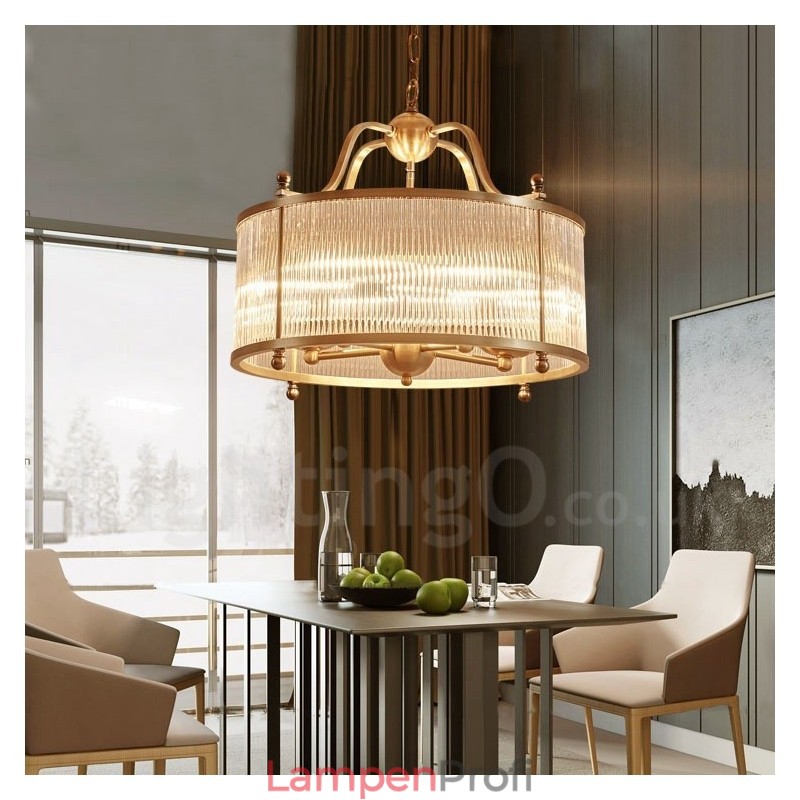 5-flammige Retro-Pendelleuchte aus rustikalem Messing mit Glasschirm