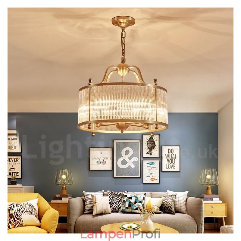 5-flammige Retro-Pendelleuchte aus rustikalem Messing mit Glasschirm