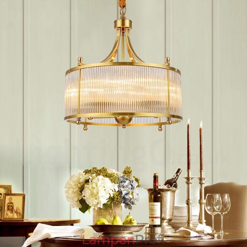 5-flammige Retro-Pendelleuchte aus rustikalem Messing mit Glasschirm