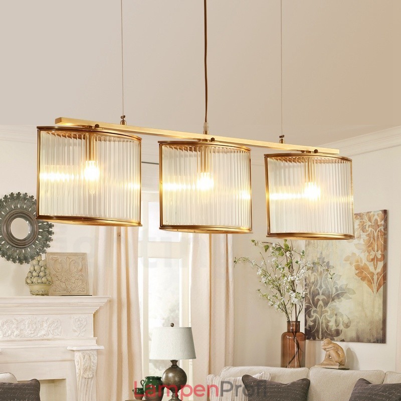 3-flammige Retro-Pendelleuchte aus rustikalem Messing mit Glasschirm