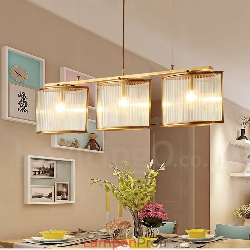 3-flammige Retro-Pendelleuchte aus rustikalem Messing mit Glasschirm