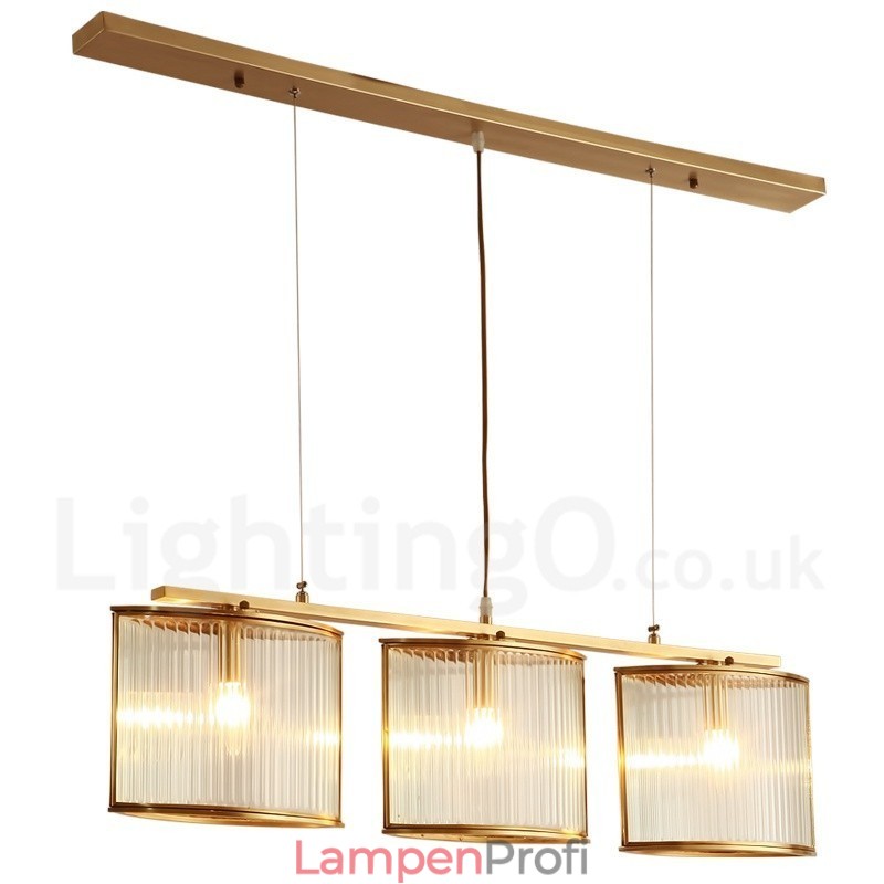 3-flammige Retro-Pendelleuchte aus rustikalem Messing mit Glasschirm