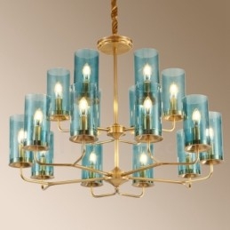 16-flammige Retro-Pendelleuchte aus rustikalem Messing mit Glasschirm