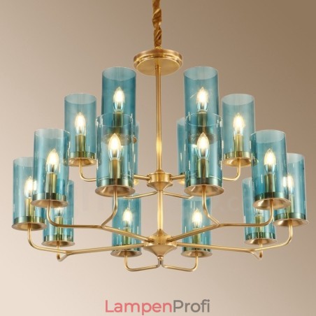 16-flammige Retro-Pendelleuchte aus rustikalem Messing mit Glasschirm 16-flammige Retro-Pendelleuchte aus rustikalem Messing mit Glasschirm