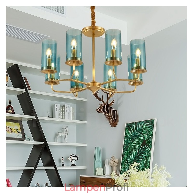 8-flammige Retro-Pendelleuchte aus rustikalem Messing mit Glasschirm