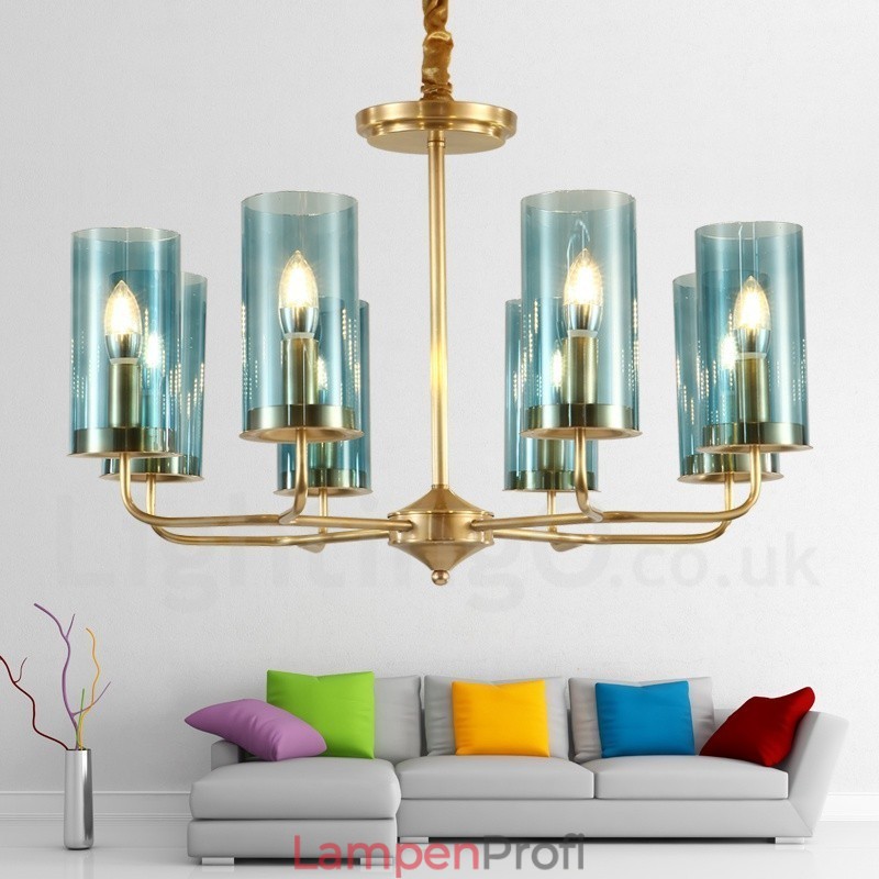 8-flammige Retro-Pendelleuchte aus rustikalem Messing mit Glasschirm