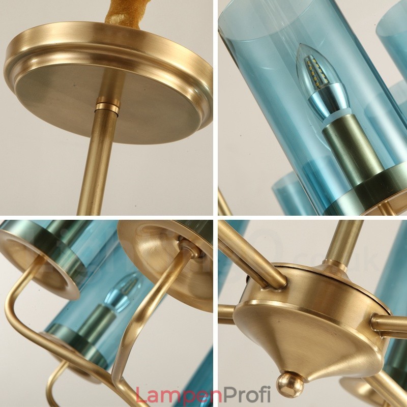 8-flammige Retro-Pendelleuchte aus rustikalem Messing mit Glasschirm