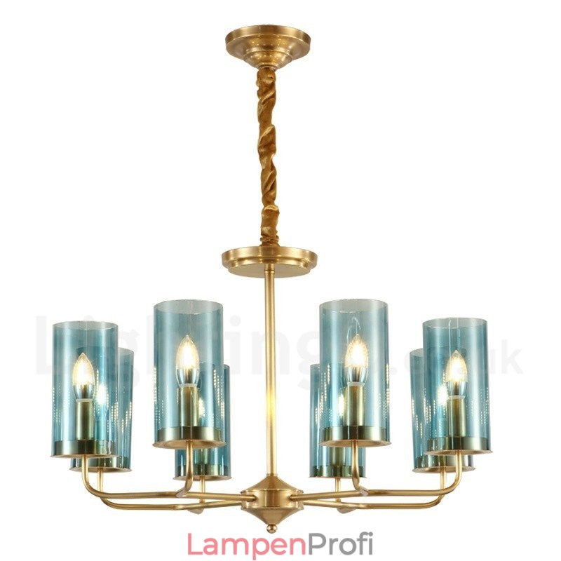 8-flammige Retro-Pendelleuchte aus rustikalem Messing mit Glasschirm