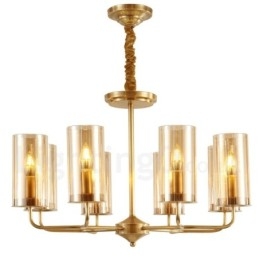 8-flammige Retro-Pendelleuchte aus rustikalem Messing mit Glasschirm