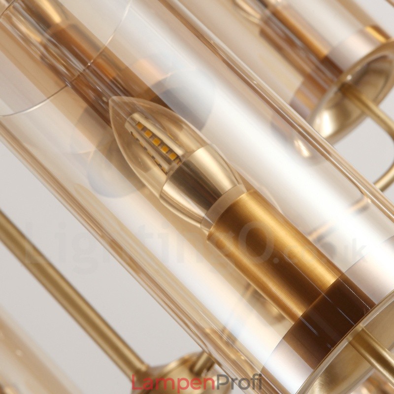 8-flammige Retro-Pendelleuchte aus rustikalem Messing mit Glasschirm