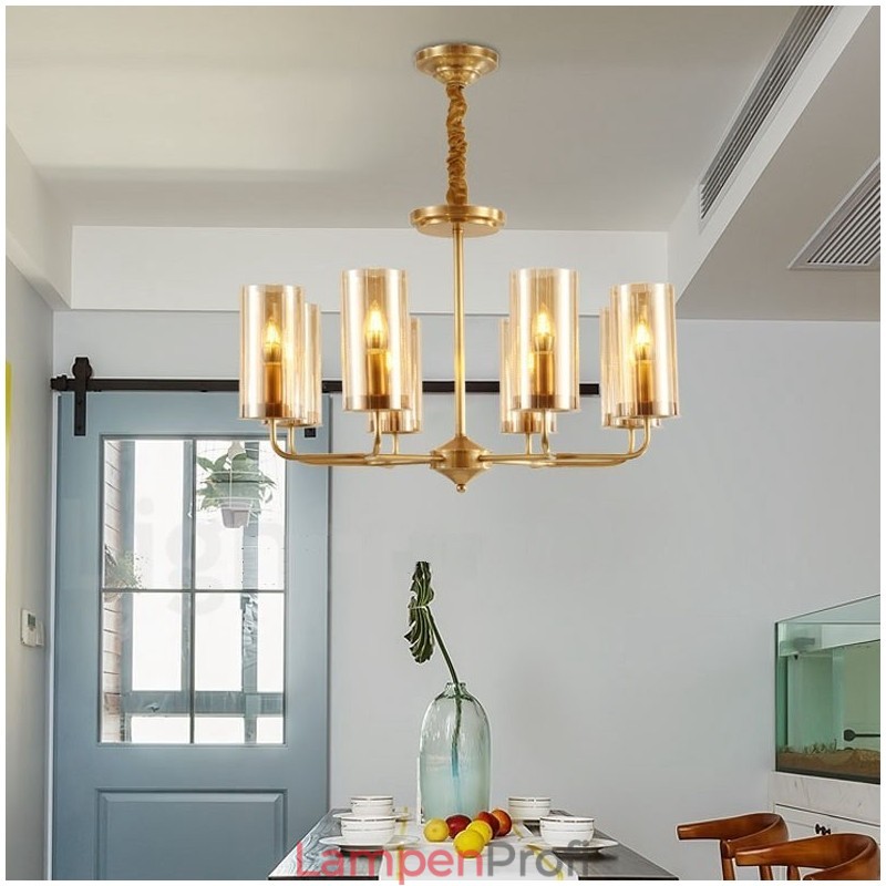 8-flammige Retro-Pendelleuchte aus rustikalem Messing mit Glasschirm