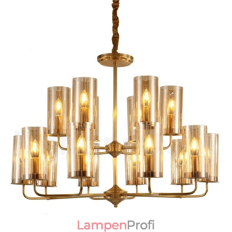 16-flammige Retro-Pendelleuchte aus rustikalem Messing mit Glasschirm